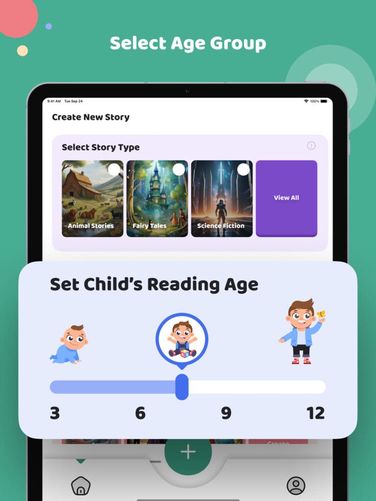 Story Mii app. A mock-up of a mobile device showing a sliding scale for age ranges.